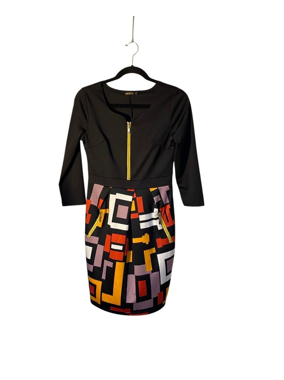 Miusol women’s black geometric print sheath dress with front pockets S